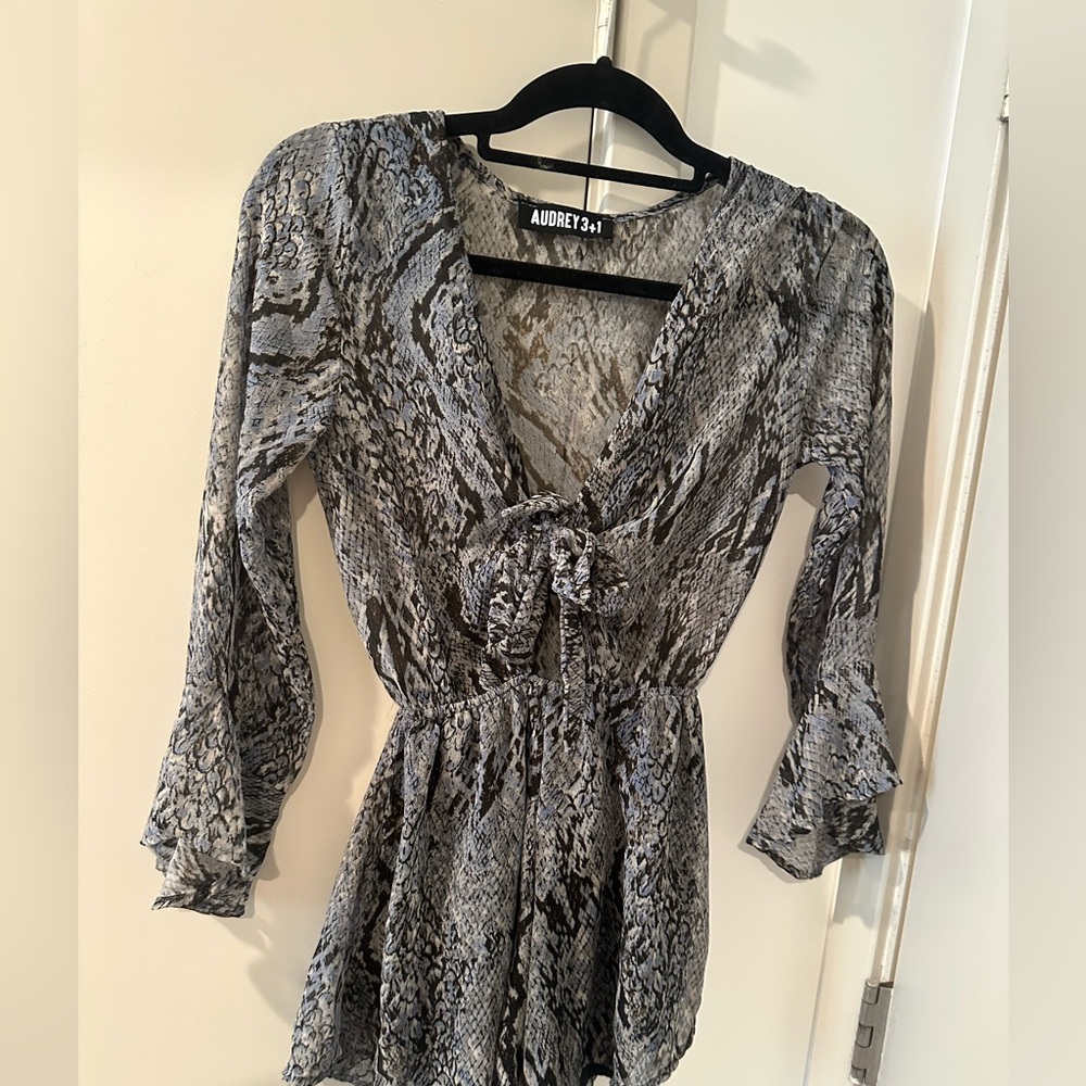 Audrey 3+1 Black Blue and Gray Snake Print Romper